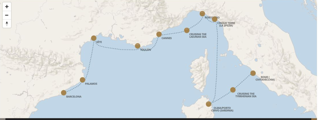 Seven Seas Grandeur Voyage GRA280722 itinerary map from BARCELONA to ROME (CIVITAVECCHIA), July 22-August 1 2028, 10 days