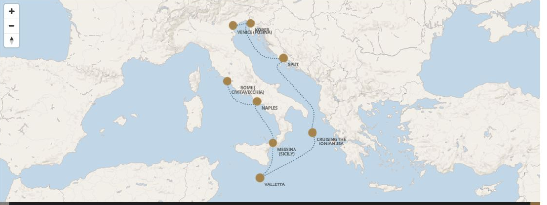 Seven Seas Grandeur Voyage GRA280801 itinerary map from ROME (CIVITAVECCHIA) to VENICE (FUSINA), August 1-8 2028, 7 days