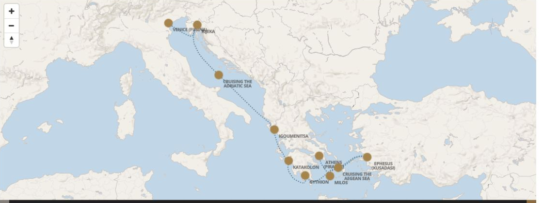 Seven Seas Grandeur Voyage GRA280808 itinerary map from VENICE (FUSINA) to ATHENS (PIRAEUS), August 8-17 2028, 9 days