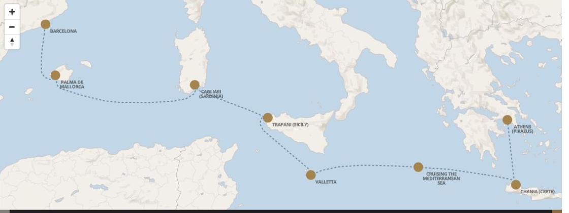 Seven Seas Grandeur Voyage GRA280817 itinerary map from ATHENS (PIRAEUS) to BARCELONA, August 17-24 2028, 7 days