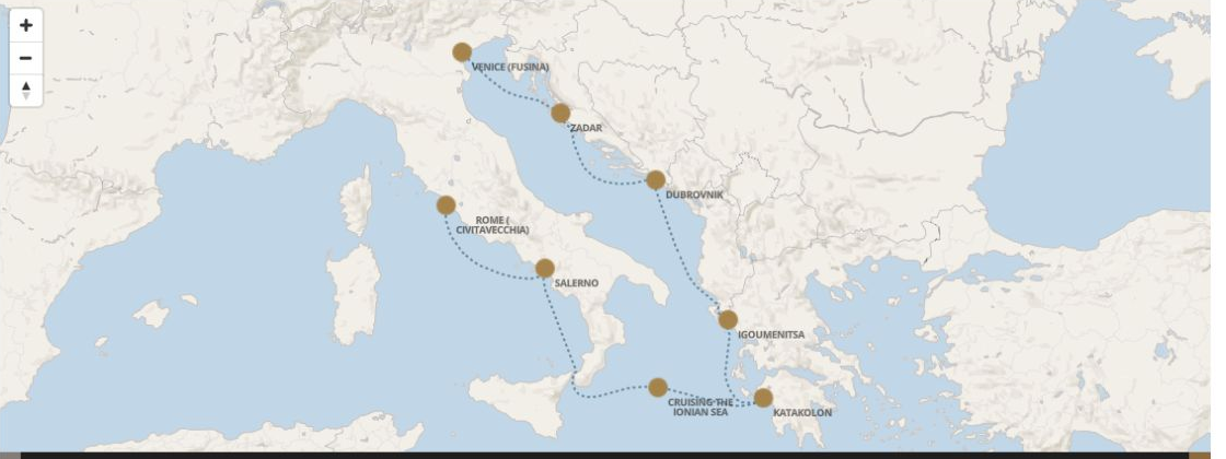 Seven Seas Grandeur Voyage GRA280831 itinerary map from ROME (CIVITAVECCHIA) to VENICE (FUSINA), August 31-September 7 2028, 7 days
