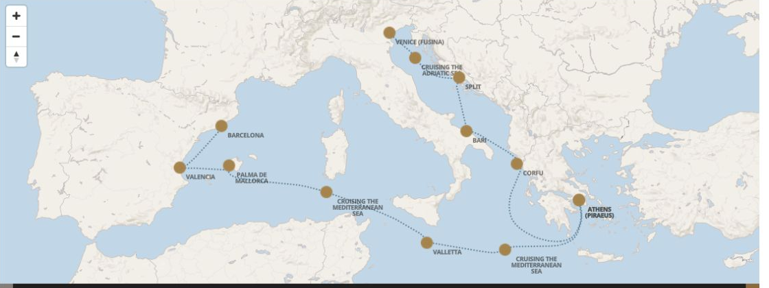 Seven Seas Grandeur Voyage GRA280907 itinerary map from VENICE (FUSINA) to BARCELONA, September 7-19 2028, 12 days