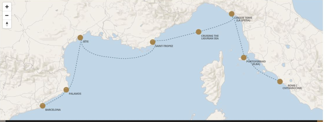 Seven Seas Grandeur Voyage GRA280919 itinerary map from BARCELONA to ROME (CIVITAVECCHIA), September 19-26 2028, 7 days