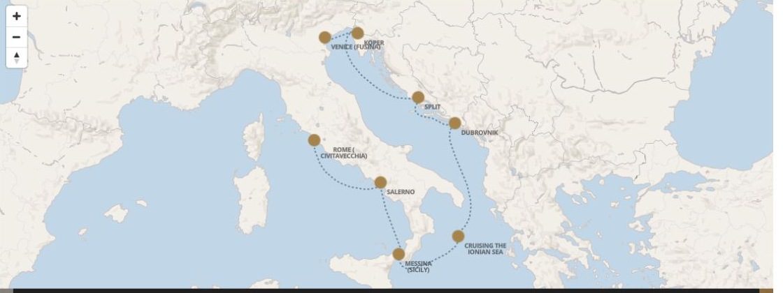 Seven Seas Grandeur Voyage GRA280926 itinerary map from ROME (CIVITAVECCHIA) to VENICE (FUSINA), September 26-October 3 2028, 7 days