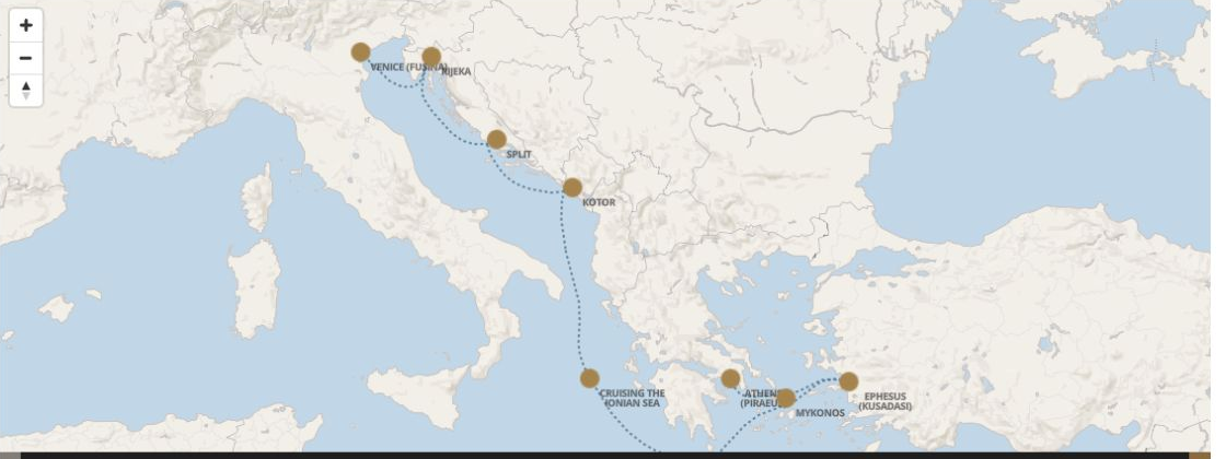 Seven Seas Grandeur Voyage GRA281003 itinerary map from VENICE (FUSINA) to ATHENS (PIRAEUS), October 3-10 2028, 7 days