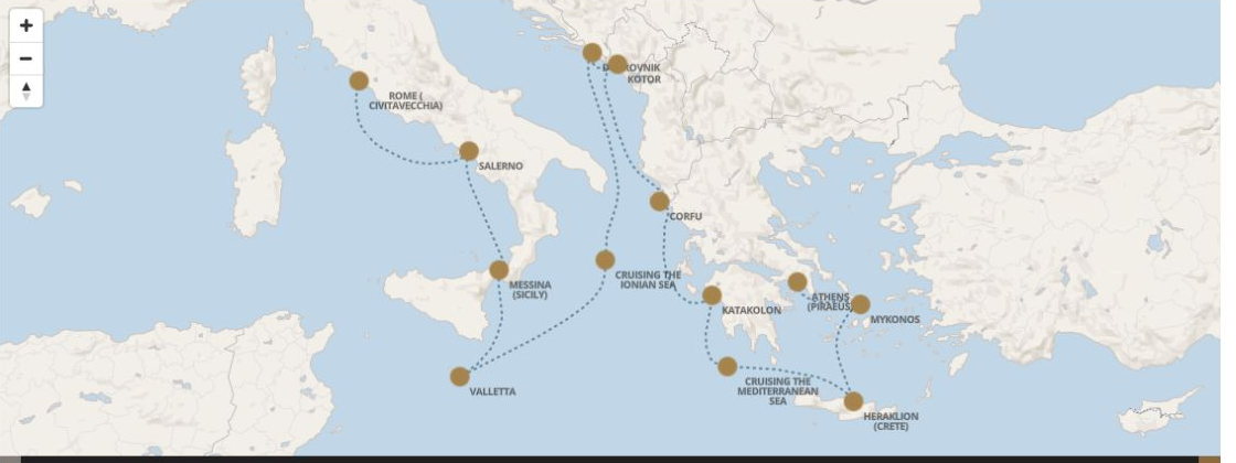 Seven Seas Grandeur Voyage GRA281010 itinerary map from ATHENS (PIRAEUS) to ROME (CIVITAVECCHIA), October 10-22 2028, 12 days
