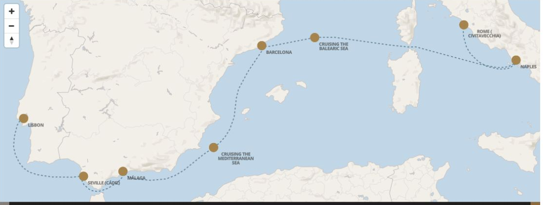 Seven Seas Grandeur Voyage GRA281113 itinerary map from ROME (CIVITAVECCHIA) to LISBON, November 13-20 2028, 7 days