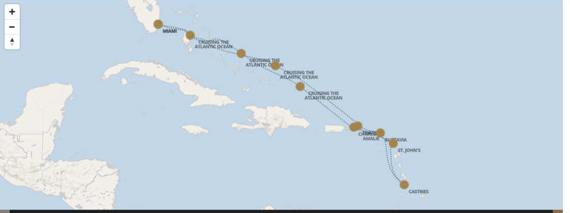 Seven Seas Grandeur Voyage GRA281203 itinerary map from MIAMI to MIAMI, December 3-13 2028, 10 days