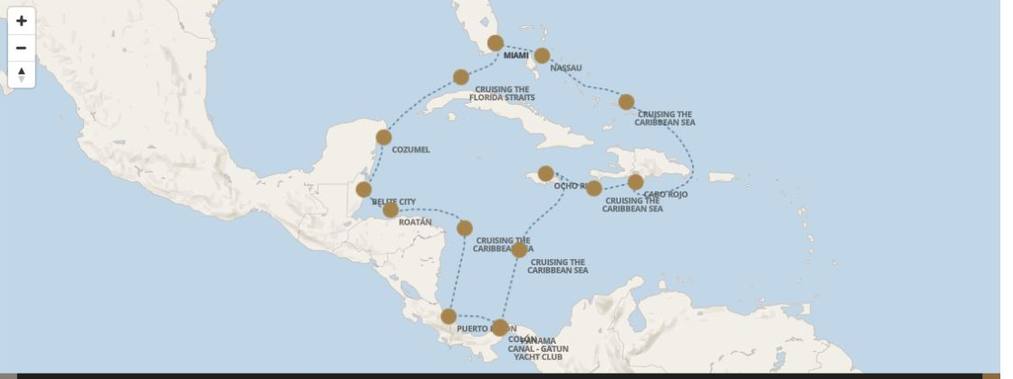 Seven Seas Grandeur Voyage GRA281213 itinerary map from MIAMI to MIAMI, December 13-27 2028, 14 days