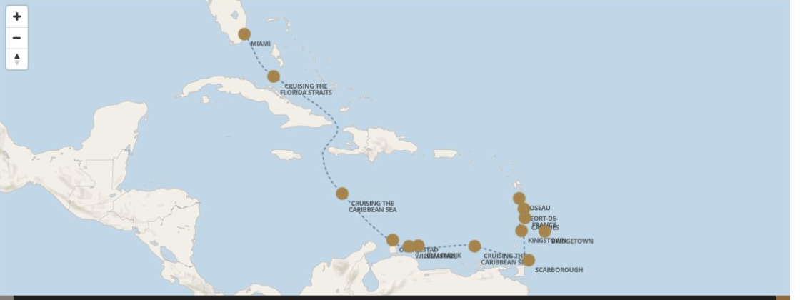 Seven Seas Grandeur Voyage GRA281227 itinerary map from MIAMI to BRIDGETOWN, December 27-January 8 2029, 12 days