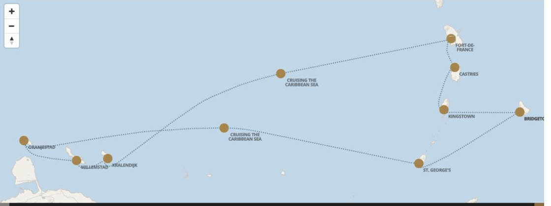 Seven Seas Grandeur Voyage GRA290118 itinerary map from BRIDGETOWN to BRIDGETOWN, January 18-28 2029, 10 days