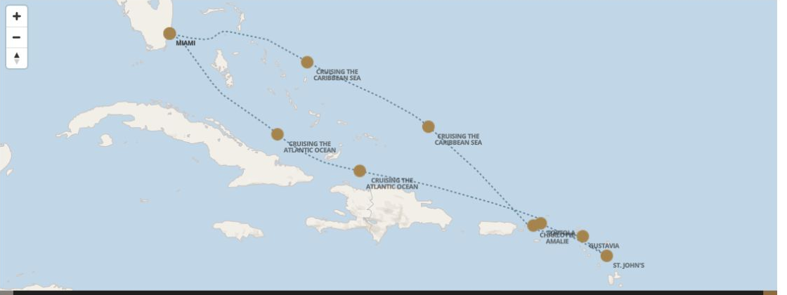Seven Seas Grandeur Voyage GRA290217 itinerary map from MIAMI to MIAMI, February 17-26 2029, 9 days