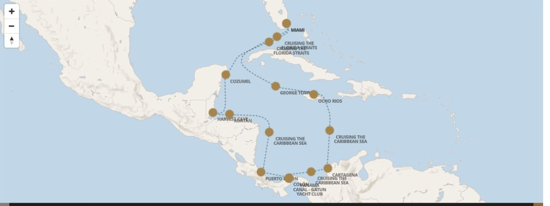 Seven Seas Grandeur Voyage GRA290226 itinerary map from MIAMI to MIAMI, February 26-March 12 2029, 14 days
