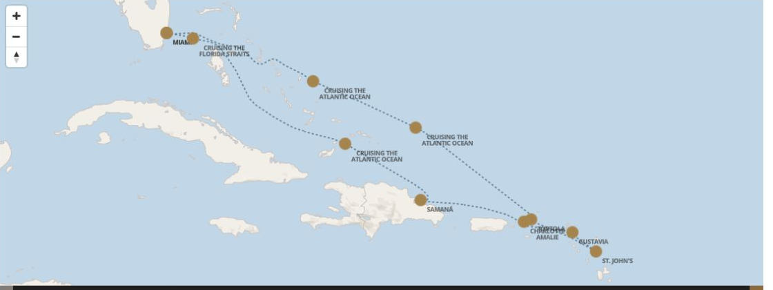 Seven Seas Grandeur Voyage GRA290312 itinerary map from MIAMI to MIAMI, March 12-22 2029, 10 days