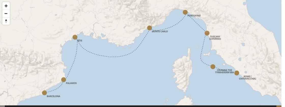 Seven Seas Grandeur Voyage GRA290405 itinerary map from BARCELONA to ROME (CIVITAVECCHIA), April 5-12 2029, 7 days