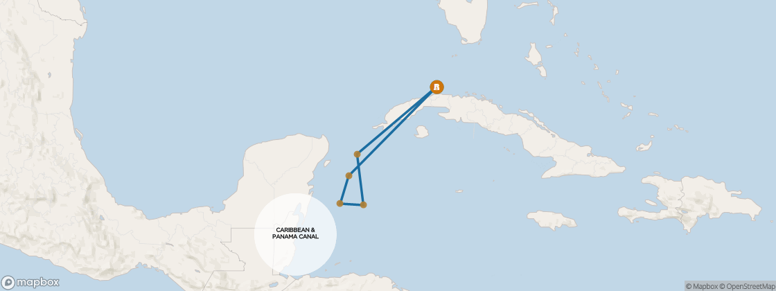 Seven Seas Mariner Voyage MAR260103 itinerary map from Miami to Miami, January 3-10 2026, 7 days