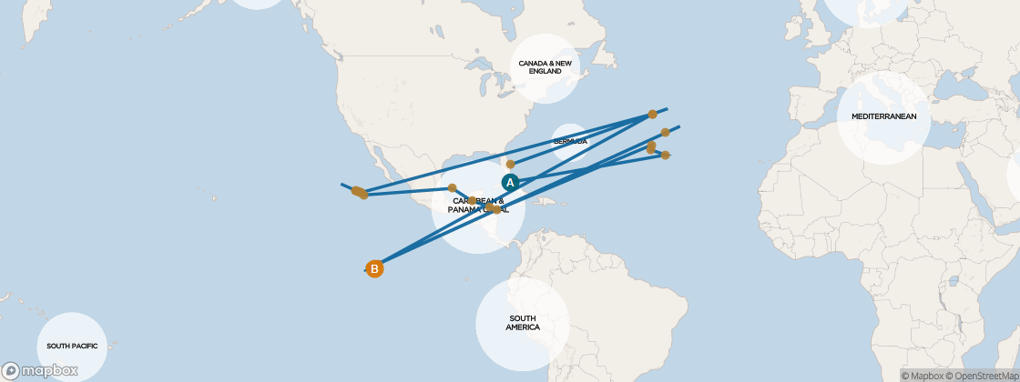Seven Seas Mariner Voyage MAR260111A itinerary map from Miami to Papeete (Tahiti), January 11-February 15 2026, 35 days