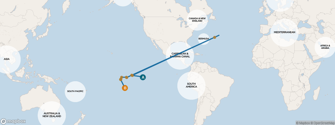Seven Seas Mariner Voyage MAR260215 itinerary map from Papeete (Tahiti) to Auckland, February 15-March 6 2026, 19 days