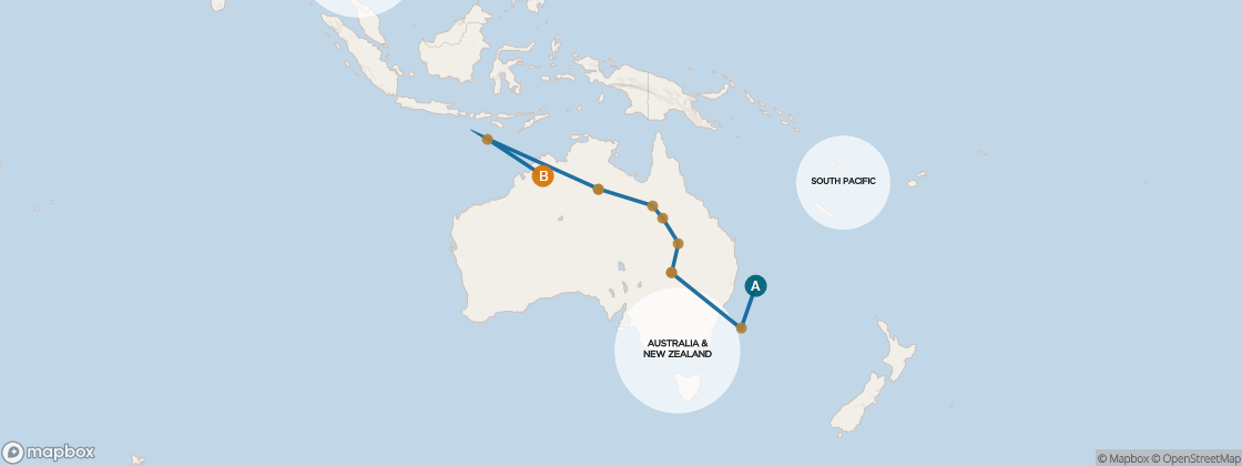 Seven Seas Mariner Voyage MAR260306 itinerary map from Auckland to Bali (Benoa), March 6-24 2026, 18 days