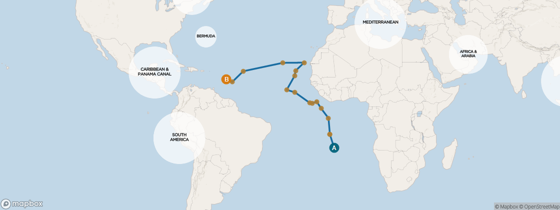 Seven Seas Mariner Voyage MAR260509A itinerary map from Cape Town to Miami, May 9-June 13 2026, 35 days