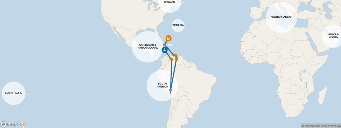 Seven Seas Mariner Voyage MAR260613 itinerary map from Miami to New York, June 13-29 2026, 16 days