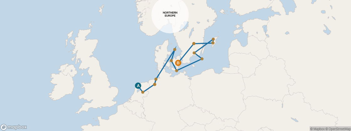 Seven Seas Mariner Voyage MAR260731 itinerary map from London (Southampton) to Copenhagen, July 31-August 18 2026, 18 days