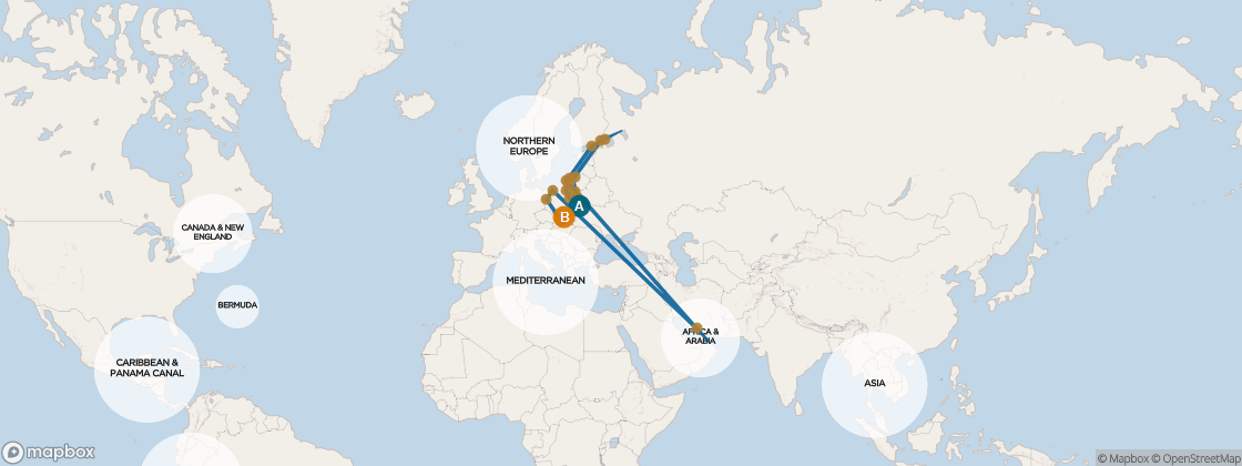 Seven Seas Mariner Voyage MAR260818 itinerary map from Copenhagen to Amsterdam, August 18-September 7 2026, 20 days