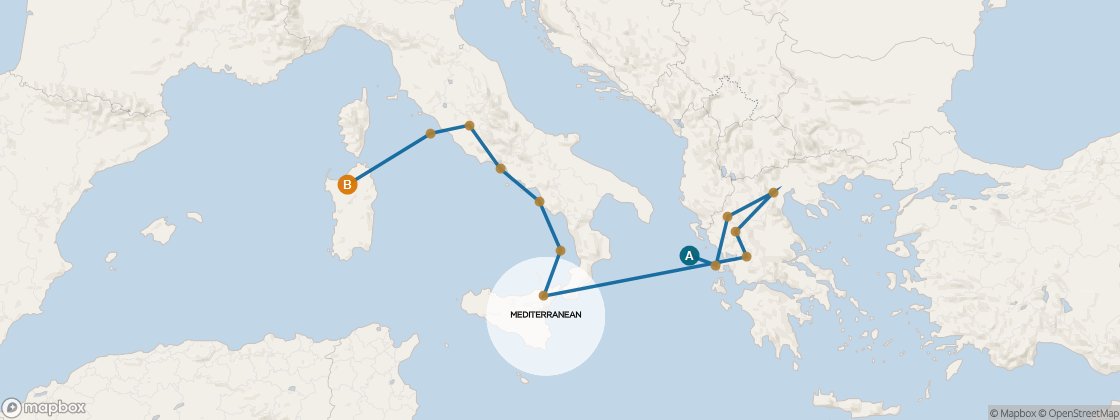 Seven Seas Mariner Voyage MAR261012 itinerary map from Athens (Piraeus) to Barcelona, October 12-26 2026, 14 days