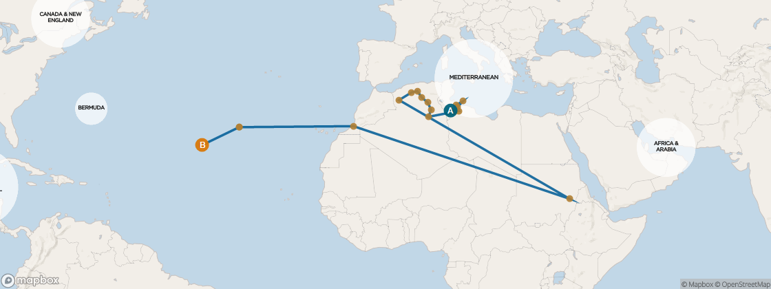 Seven Seas Mariner Voyage MAR261012A itinerary map from Athens (Piraeus) to Miami, October 12-November 9 2026, 28 days