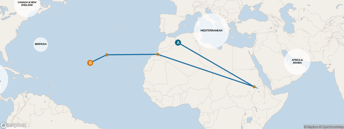 Seven Seas Mariner Voyage MAR261026 itinerary map from Barcelona to Miami, October 26-November 9 2026, 14 days