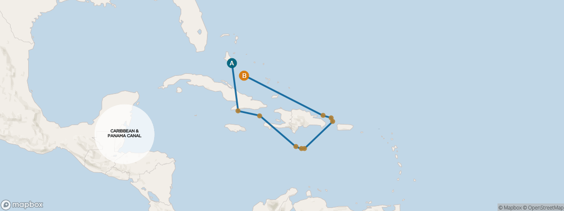 Seven Seas Mariner Voyage MAR261221 itinerary map from Tampa Bay to Miami, December 21-January 4 2027, 14 days