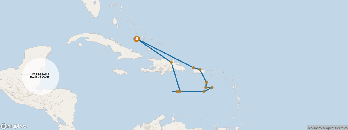 Seven Seas Mariner Voyage MAR270326 itinerary map from Miami to Miami, March 26-April 10 2027, 15 days