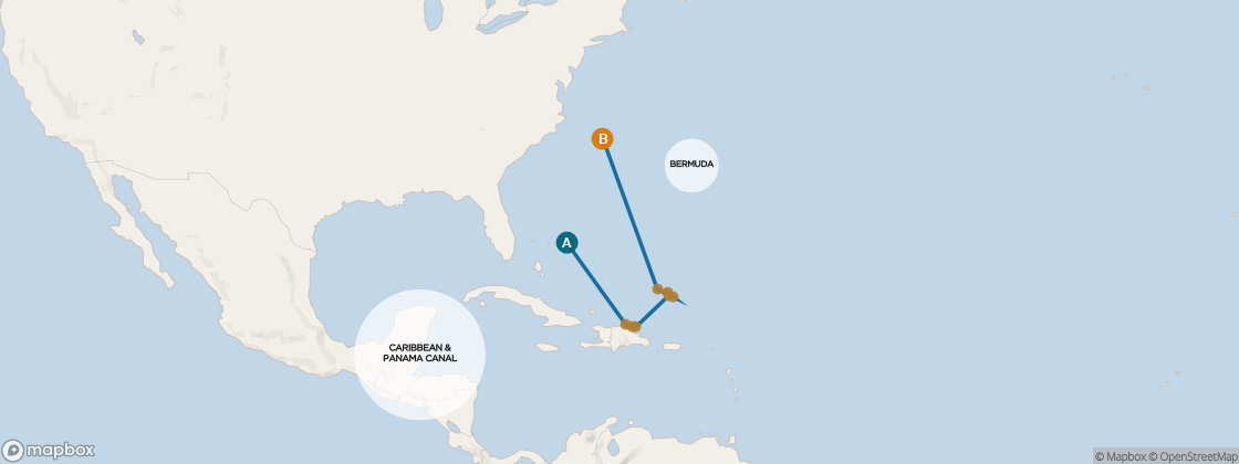 Seven Seas Mariner Voyage MAR270415 itinerary map from Miami to New York, April 15-29 2027, 14 days
