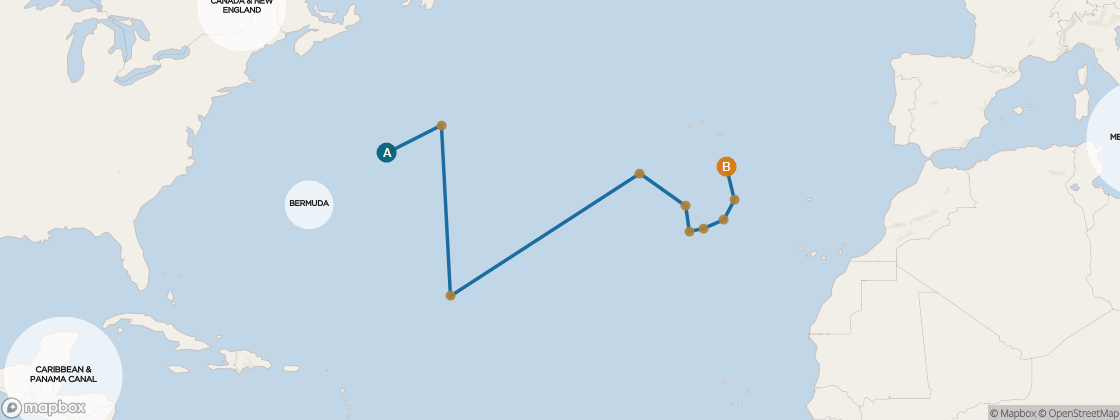 Seven Seas Mariner Voyage MAR270429 itinerary map from New York to Lisbon, April 29-May 15 2027, 16 days