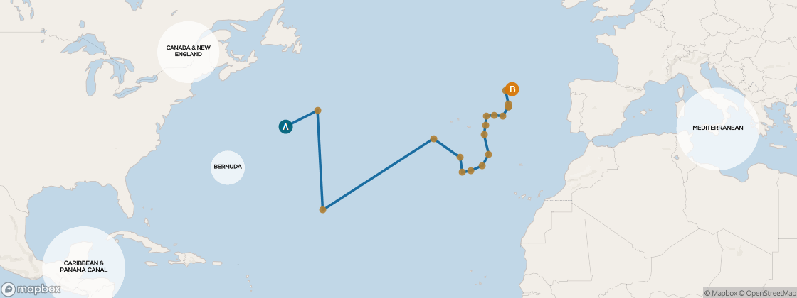 Seven Seas Mariner Voyage MAR270429A itinerary map from New York to Paris (Le Havre), April 29-May 27 2027, 28 days