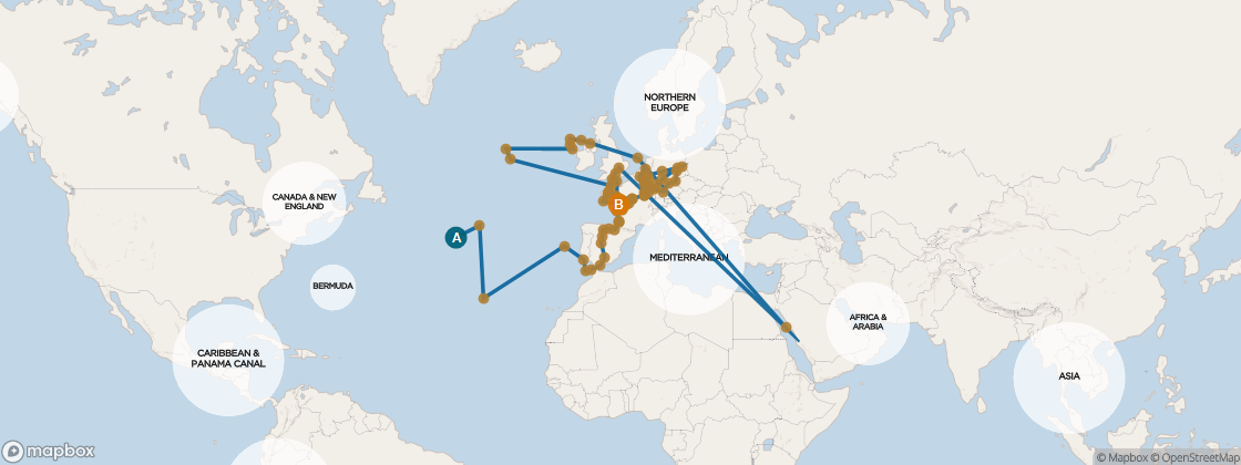 Seven Seas Mariner Voyage MAR270429F itinerary map from New York to London (Southampton), April 29-July 30 2027, 92 days