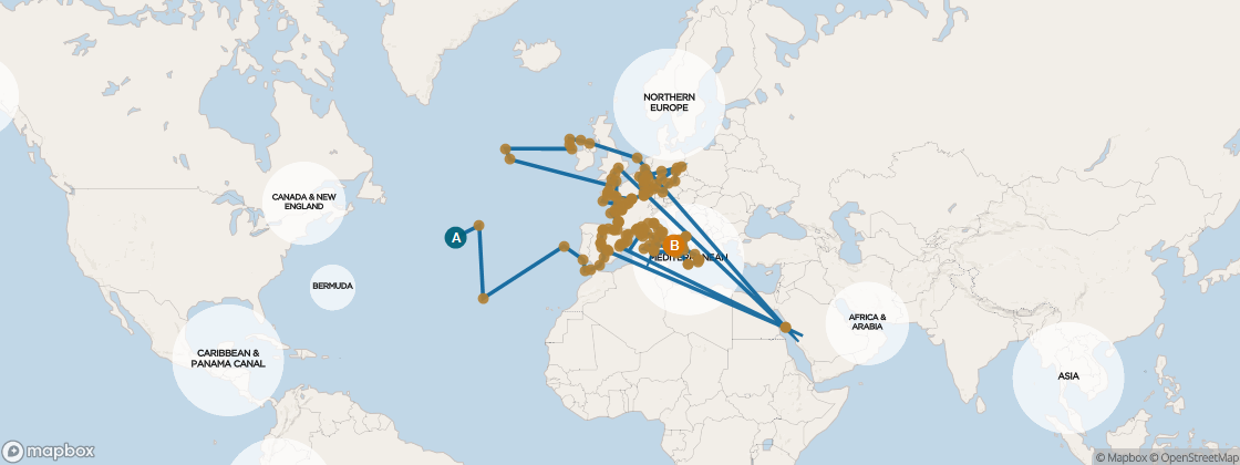 Seven Seas Mariner Voyage MAR270429N itinerary map from New York to Athens (Piraeus), April 29-October 20 2027, 174 days