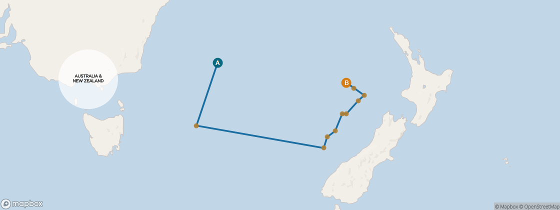Seven Seas Mariner Voyage MAR280219 itinerary map from Sydney to Auckland, February 19-March 4 2028, 14 days
