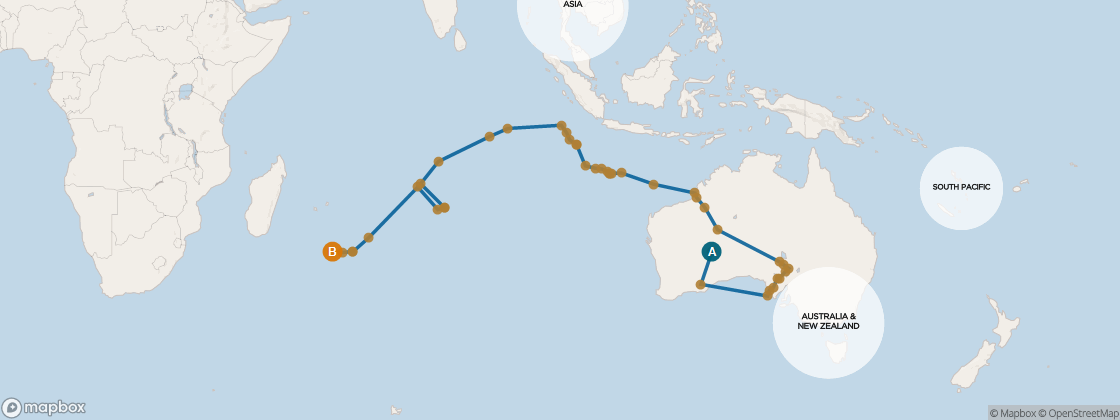 Seven Seas Mariner Voyage MAR280219D itinerary map from Sydney to Cape Town, February 19-April 28 2028, 69 days