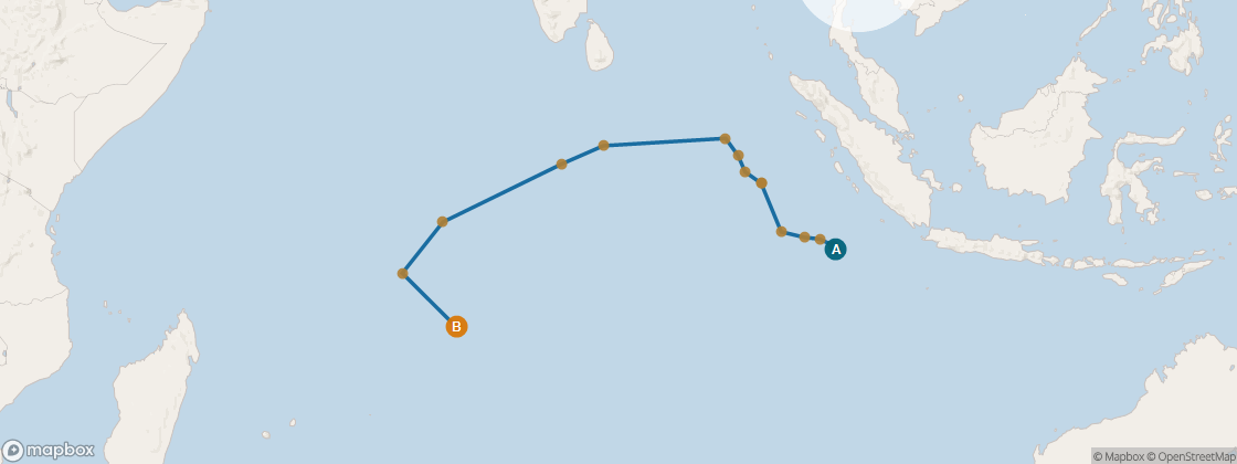 Seven Seas Mariner Voyage MAR280320A itinerary map from Bali (Benoa) to Port Louis, March 20-April 14 2028, 25 days