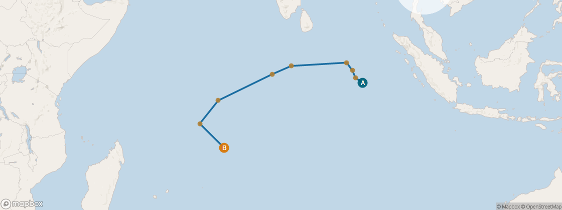 Seven Seas Mariner Voyage MAR280328 itinerary map from Singapore to Port Louis, March 28-April 14 2028, 17 days