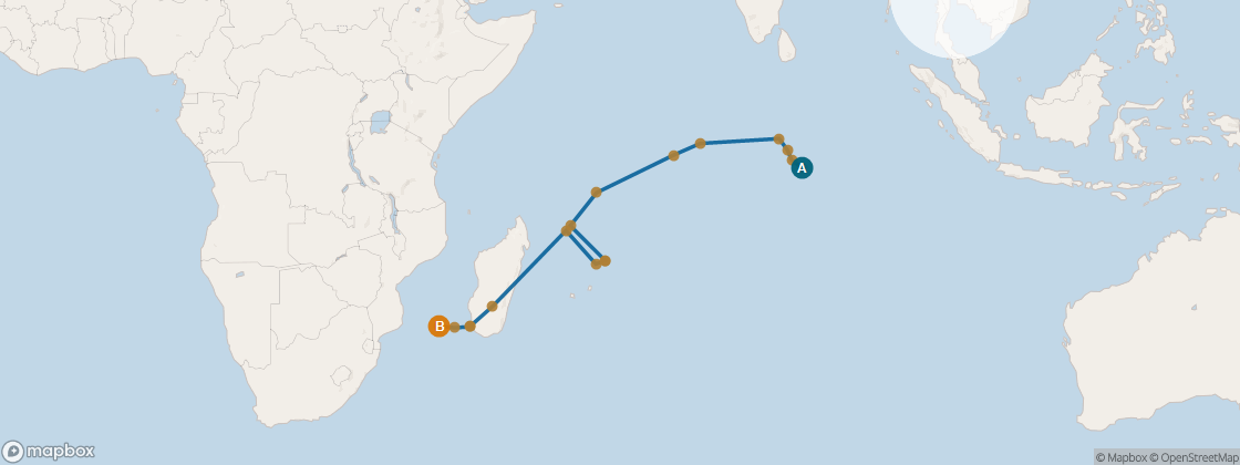 Seven Seas Mariner Voyage MAR280328A itinerary map from Singapore to Cape Town, March 28-April 28 2028, 31 days