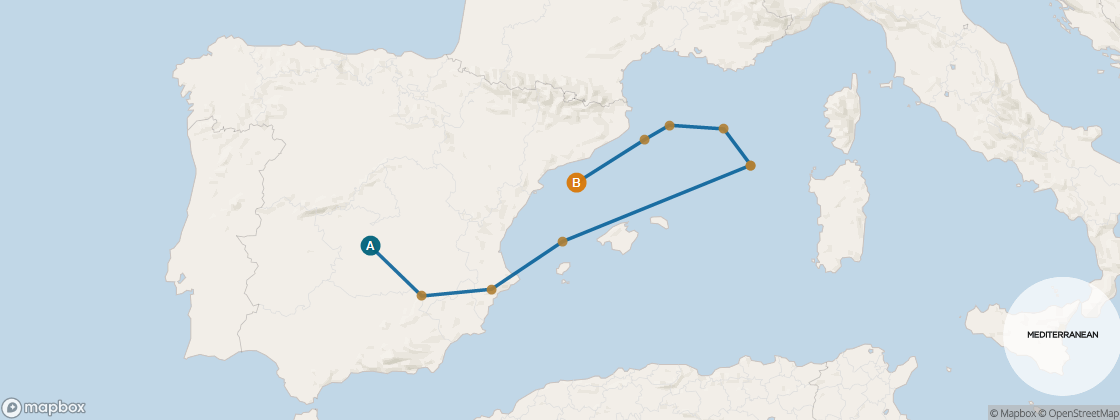 Seven Seas Mariner Voyage MAR280519 itinerary map from Lisbon to Barcelona, May 19-30 2028, 11 days