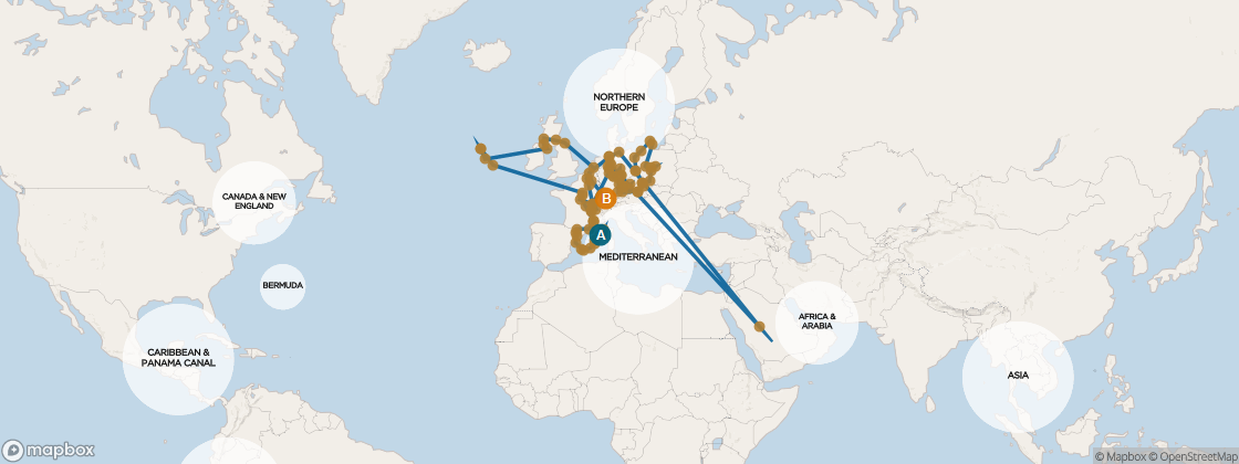 Seven Seas Mariner Voyage MAR280530H itinerary map from Barcelona to Amsterdam (Ijmuiden), May 30-September 8 2028, 101 days