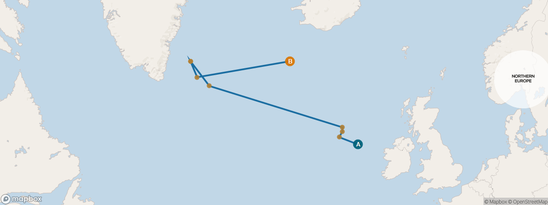 Seven Seas Mariner Voyage MAR280623 itinerary map from London (Southampton) to Reykjavik, June 23-July 7 2028, 14 days