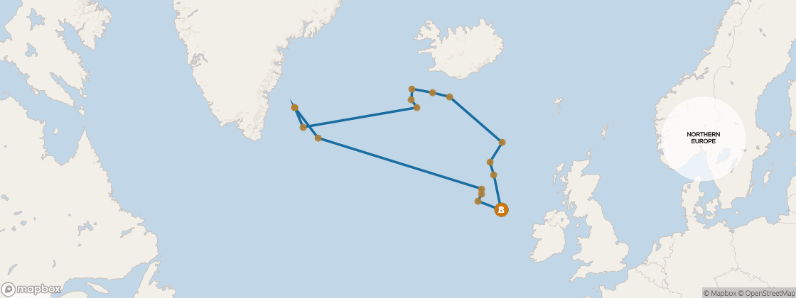 Seven Seas Mariner Voyage MAR280623A itinerary map from London (Southampton) to London (Southampton), June 23-July 17 2028, 24 days