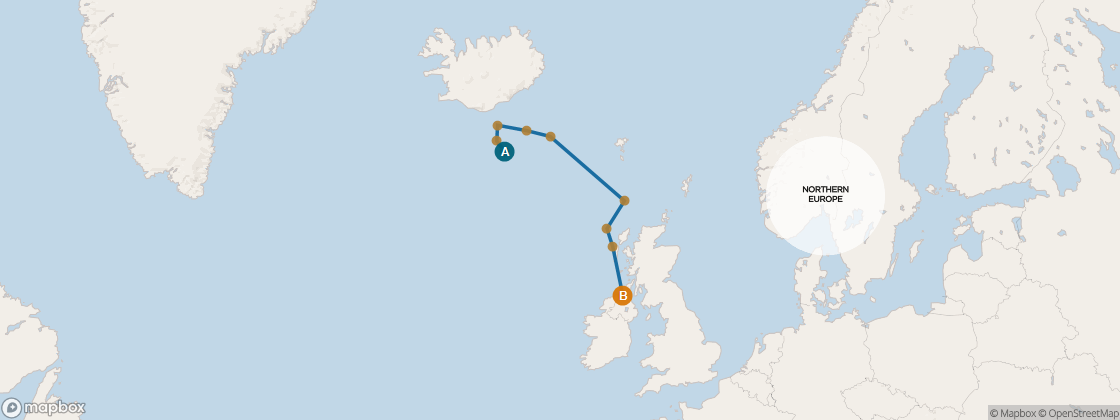 Seven Seas Mariner Voyage MAR280707 itinerary map from Reykjavik to London (Southampton), July 7-17 2028, 10 days