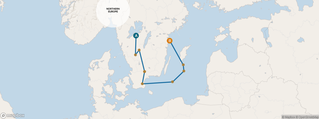 Seven Seas Mariner Voyage MAR280727 itinerary map from Oslo to Stockholm, July 27-August 7 2028, 11 days