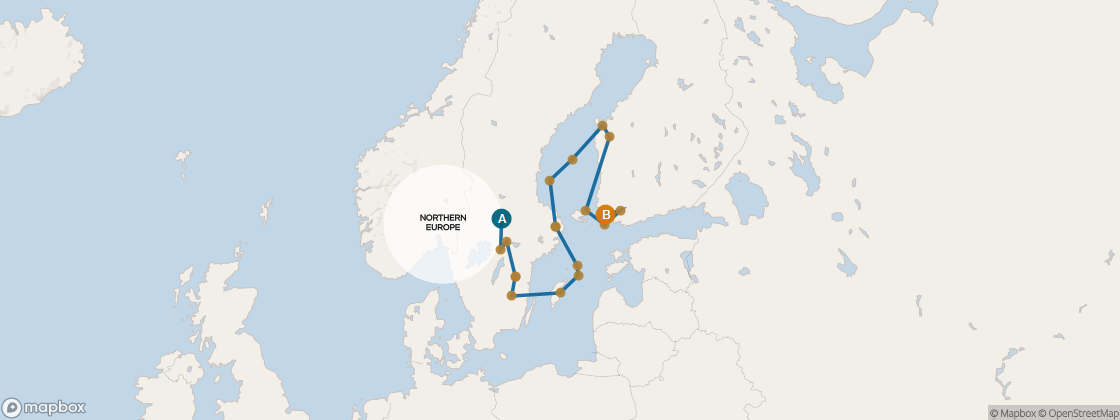 Seven Seas Mariner Voyage MAR280727A itinerary map from Oslo to Helsinki, July 27-August 18 2028, 22 days