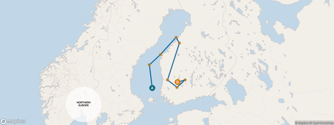 Seven Seas Mariner Voyage MAR280807 itinerary map from Stockholm to Helsinki, August 7-18 2028, 11 days